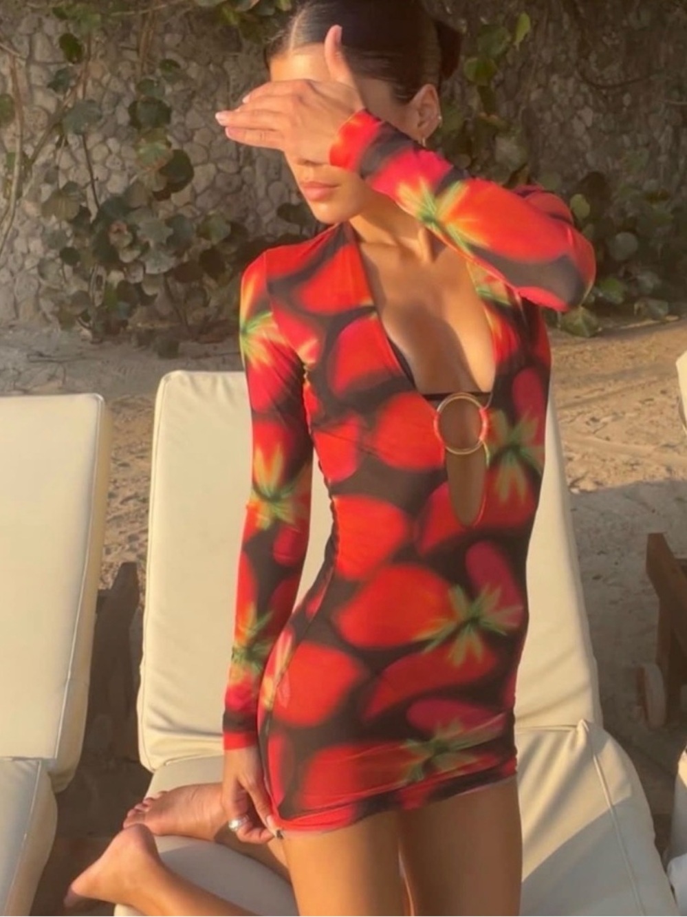 LOUISA BALLOU Red Helios Aura-Print Mesh Mini Dress Size XS NWT